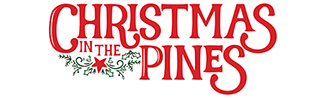 Christmas in the Pines Logo - styled in red with green artwork around it on a white background