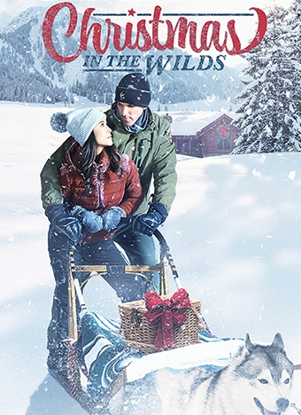 Movie poster for Christmas in the Wilds. A couple is seated on a dog sled in the snow, surrounded by a winter landscape with mountains and a red cabin in the background. The woman, wearing a red jacket and gray beanie, smiles at the man beside her, who is dressed in green winter gear and a black hat. A husky leads the sled, and a basket with a red ribbon is strapped to the front.