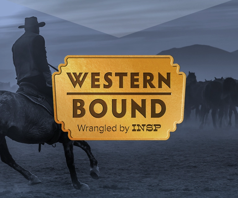 A man on horseback with his back turned towards an open field of cattle and a reins in his hands. The image has a purple overlay on top of it and the Western Bound, Powered by INSP logo on top.