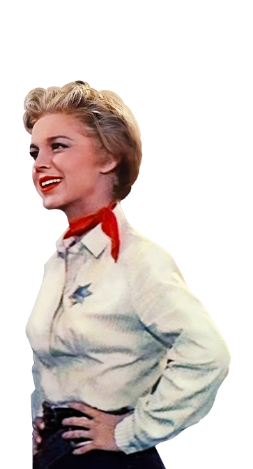 Beverly Garland in white blouse with red kerchief around her neck
