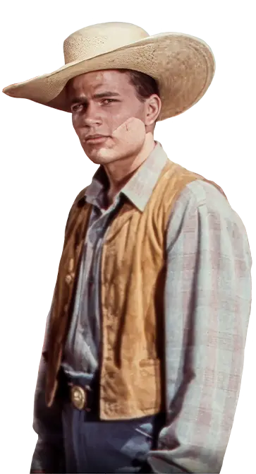 Patrick Wayne in fawn vest and cream hat